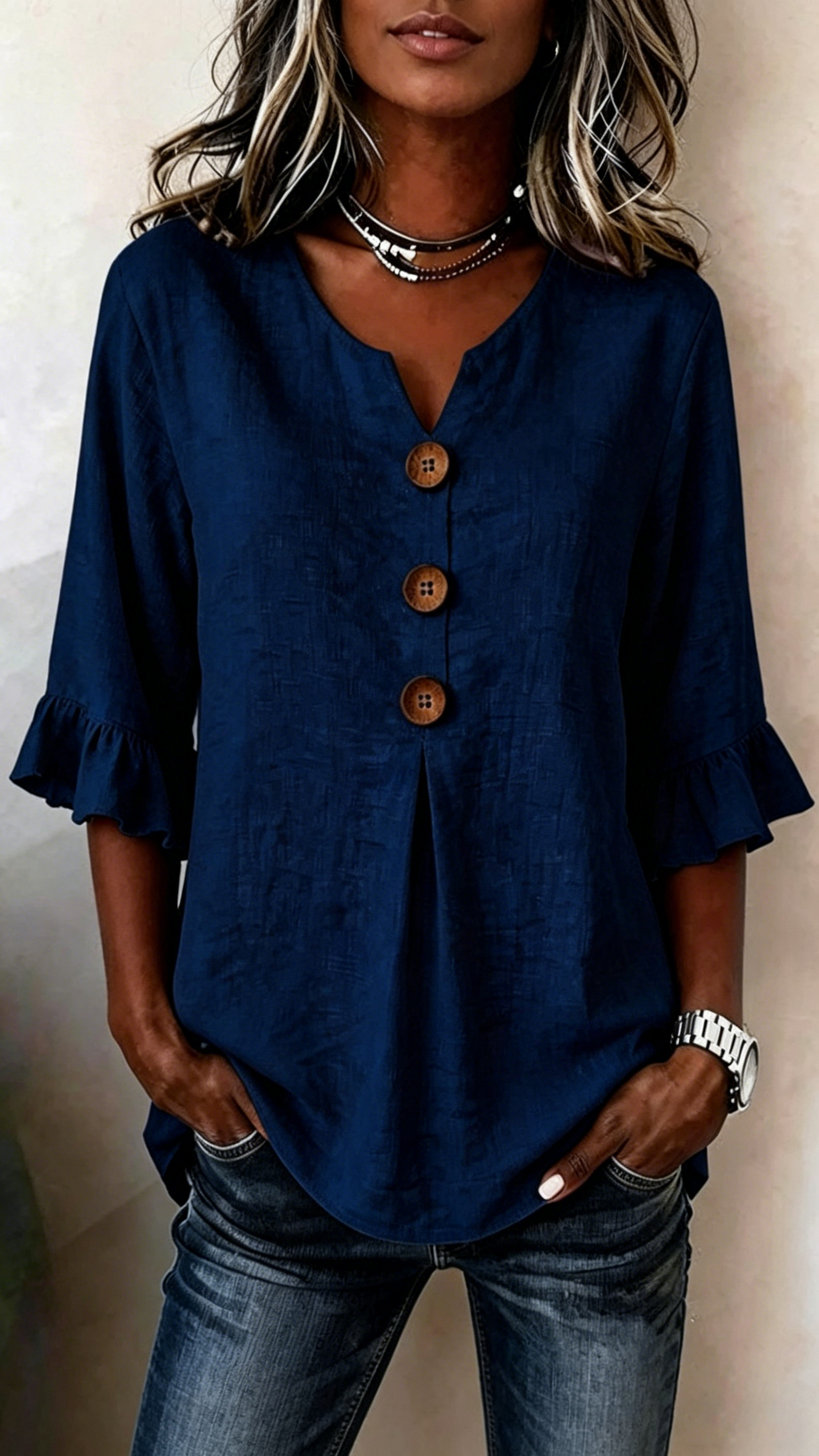 Women's V-Neck Cotton-Linen Button-Up Top