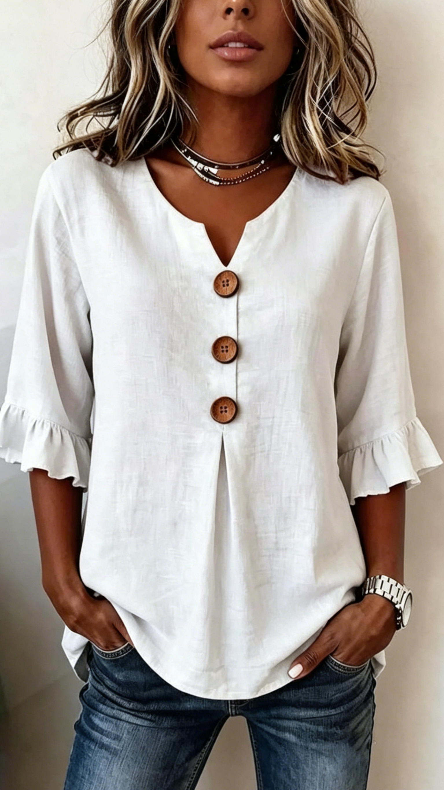 Women's V-Neck Cotton-Linen Button-Up Top