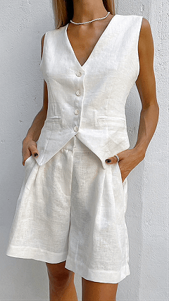 Women's Cotton-Linen Blend V-Neck Waistcoat & High-Waisted Shorts Set