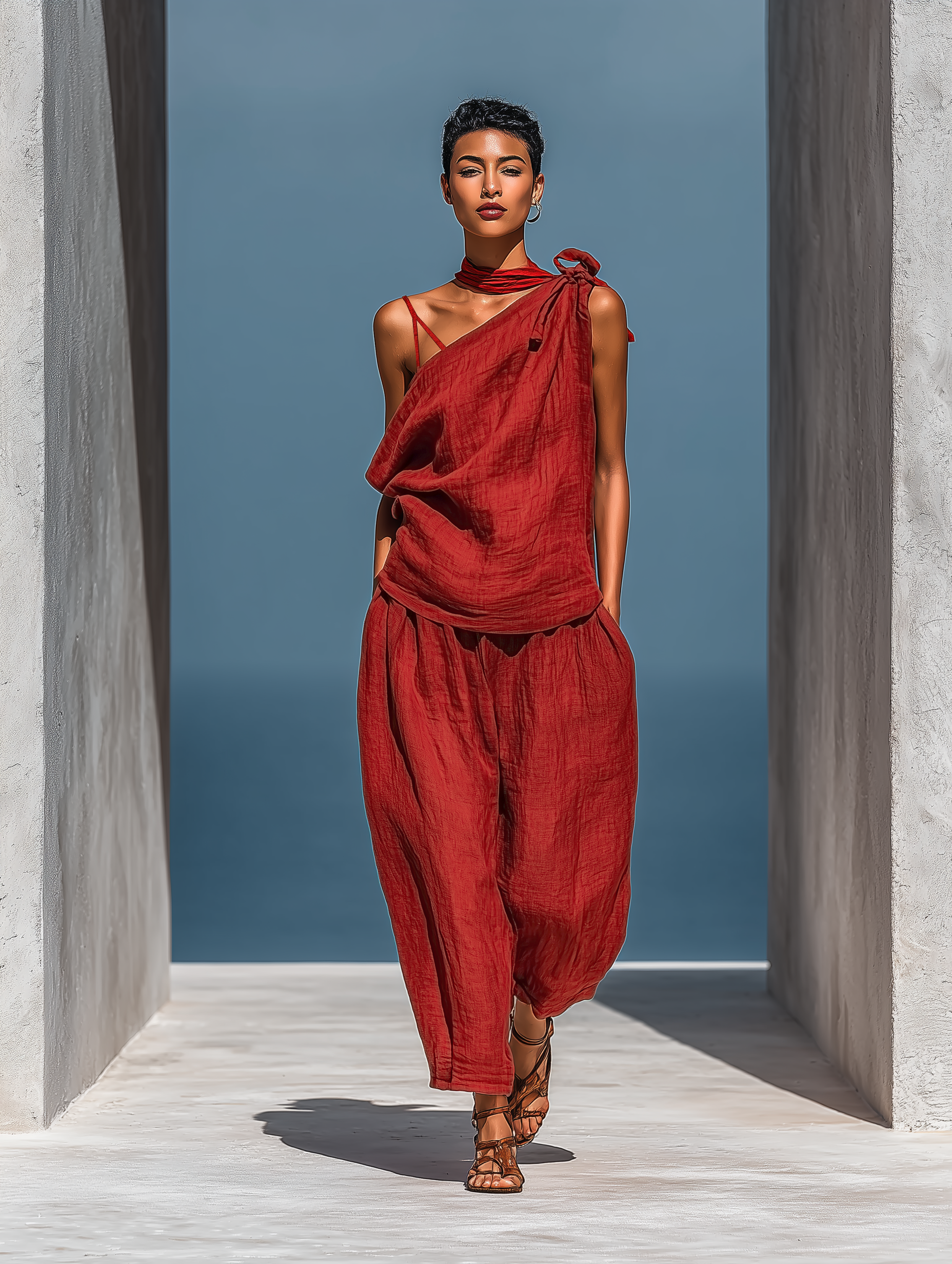 Women’s Red Linen-Blend Two-Piece Set: Asymmetrical One-Shoulder Top (Without Neck Scarf) & Wide-Leg Pants With Pockets