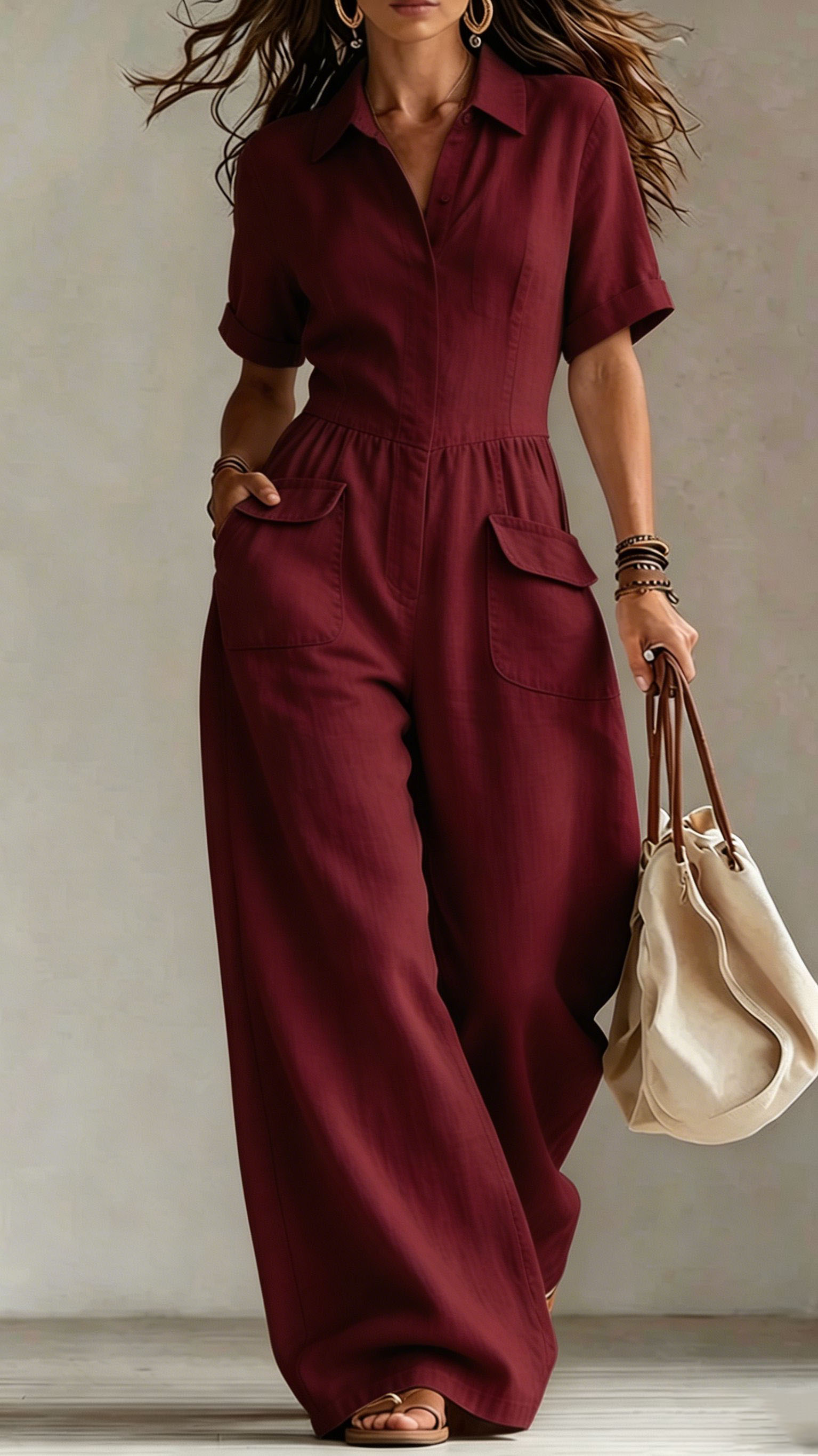 Women's cotton and linen loose sleeveless suspender jumpsuit