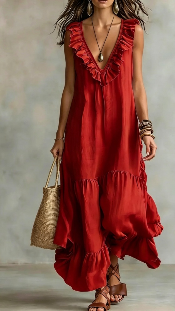 Women's Solid-Color Sleeveless Cotton-Linen V-Neck Flared Dress