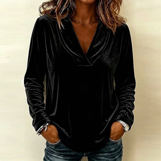 Women's Blouse Dressy Tops Velvet Blouse Solid Color Elegant Cute Stylish Long Sleeve V Neck Regular Tops