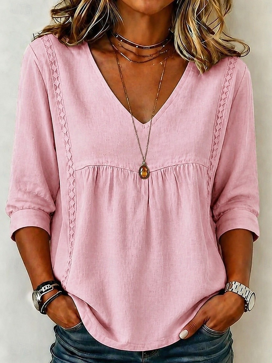 Women's Linen Blend V-Neck 3/4 Sleeve Casual Loose Blouse