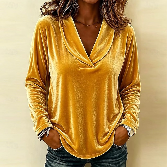 Women's Blouse Dressy Tops Velvet Blouse Solid Color Elegant Cute Stylish Long Sleeve V Neck Regular Tops