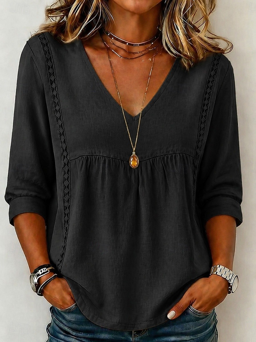 Women's Linen Blend V-Neck 3/4 Sleeve Casual Loose Blouse
