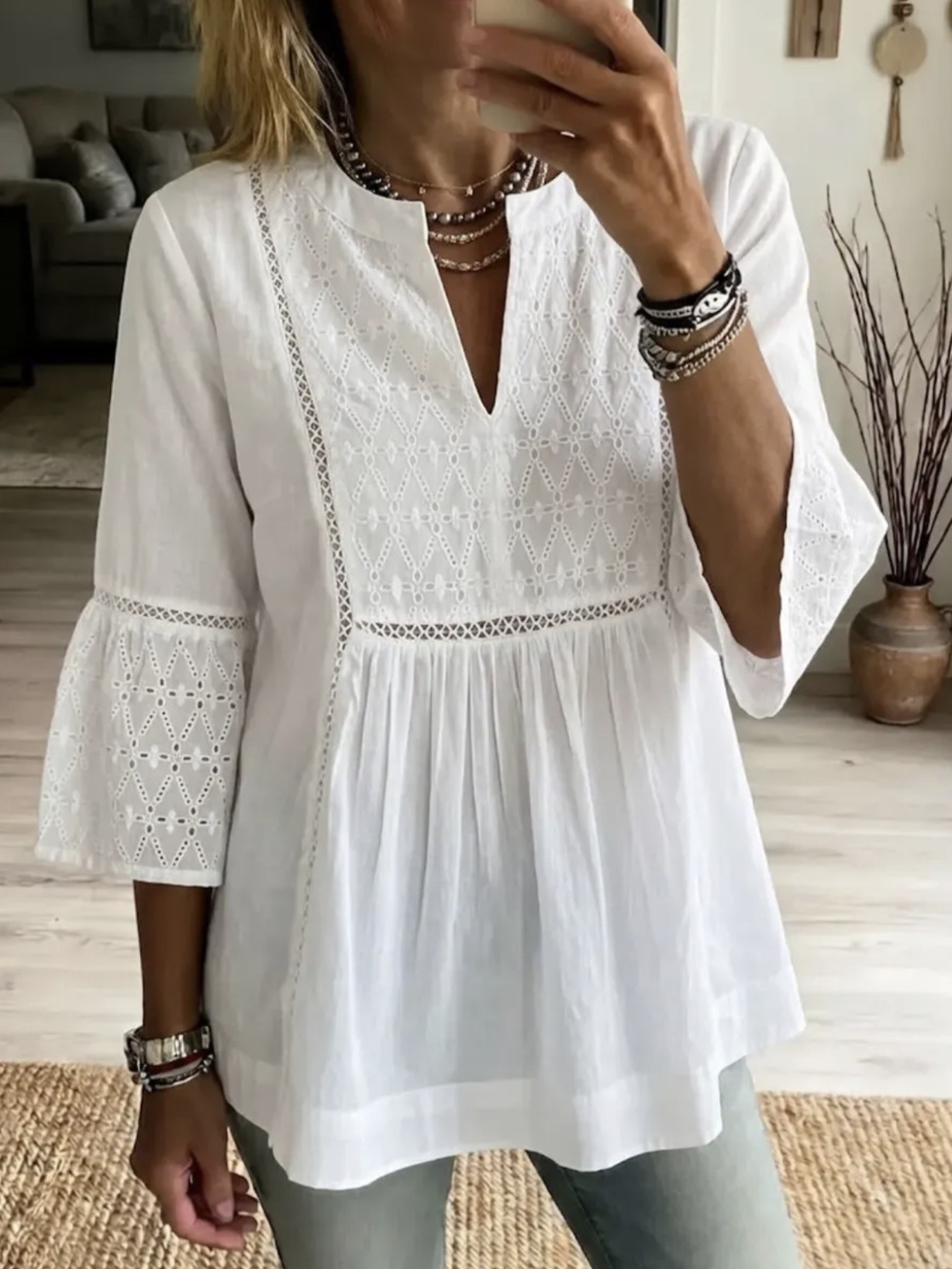 Women’s Lace Patchwork V Neck Blouse, Hollow Out Flare Sleeve Loose Fit Tunic Top