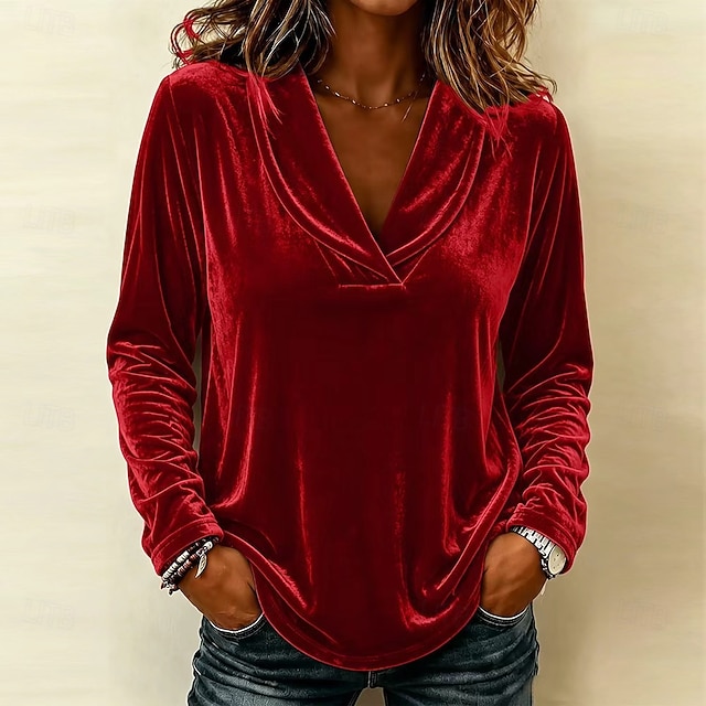 Women's Blouse Dressy Tops Velvet Blouse Solid Color Elegant Cute Stylish Long Sleeve V Neck Regular Tops