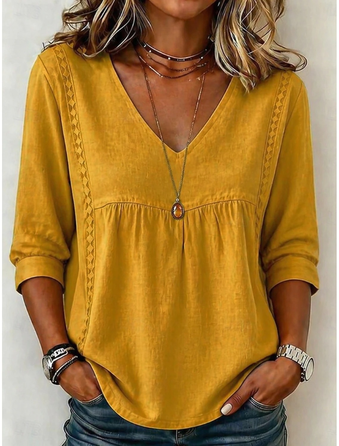 Women's Linen Blend V-Neck 3/4 Sleeve Casual Loose Blouse