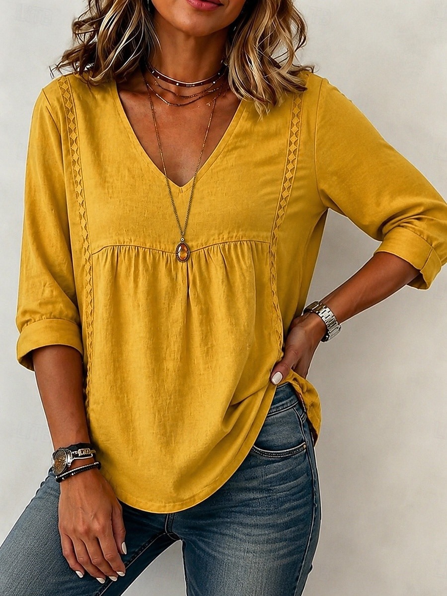 Women's Linen Blend V-Neck 3/4 Sleeve Casual Loose Blouse