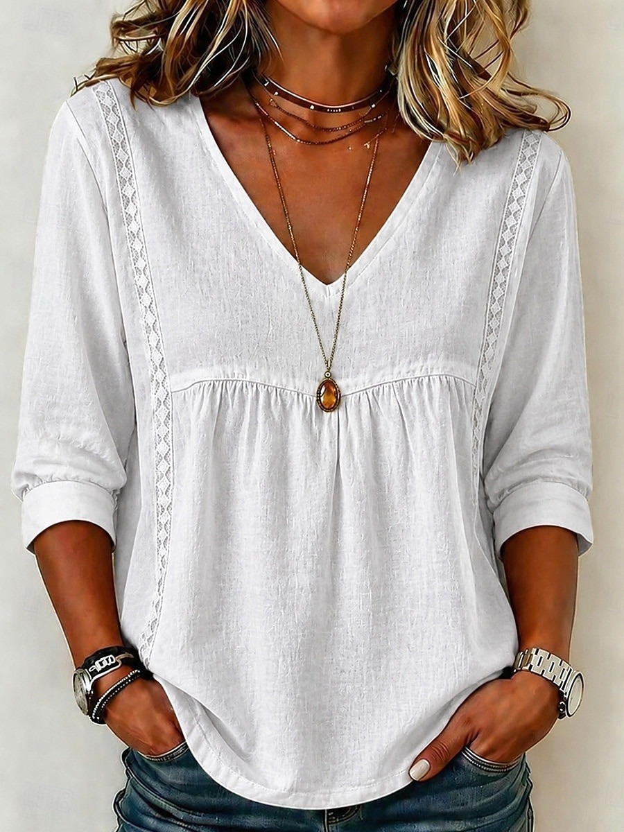 Women's Linen Blend V-Neck 3/4 Sleeve Casual Loose Blouse