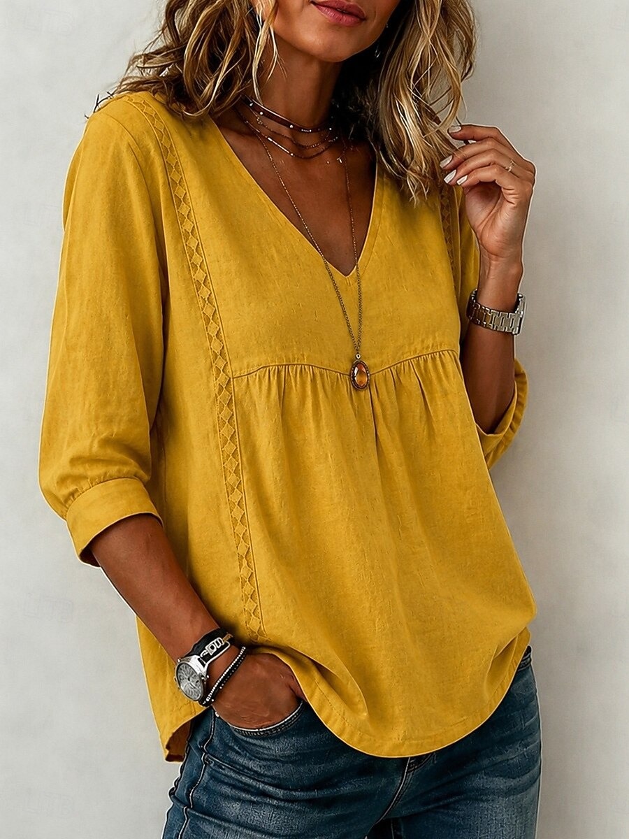 Women's Linen Blend V-Neck 3/4 Sleeve Casual Loose Blouse
