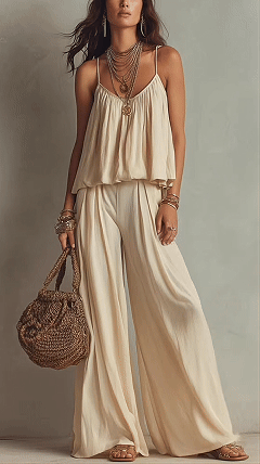 Solid-Color Spaghetti Strap Tank Top & High-Waisted Versatile Wide-Leg Casual Pants Two-Piece Set