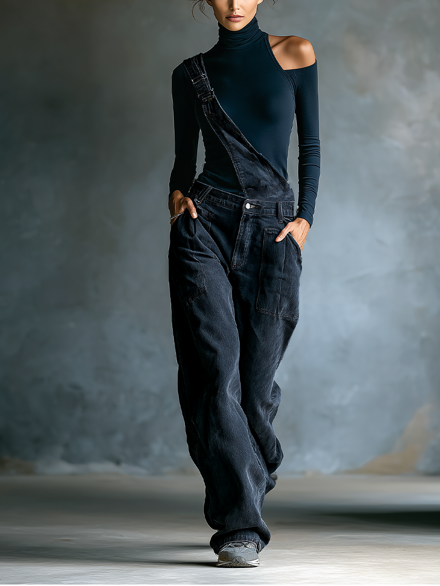 Women's Dark Blue Denim Overalls With Shoulder Straps