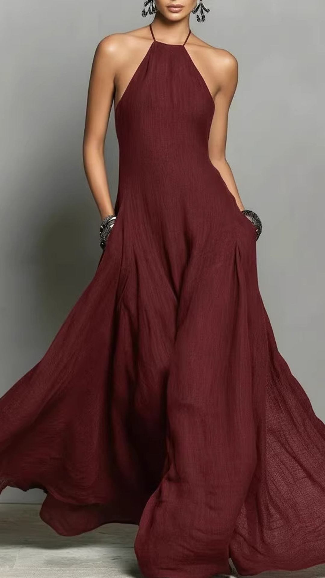 Women's Cotton-Blend Halter Neck Maxi Dress