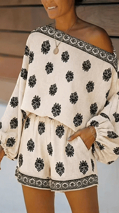 Women's Off-Shoulder Bardot Neckline Printed Jumpsuit with Lantern Sleeves