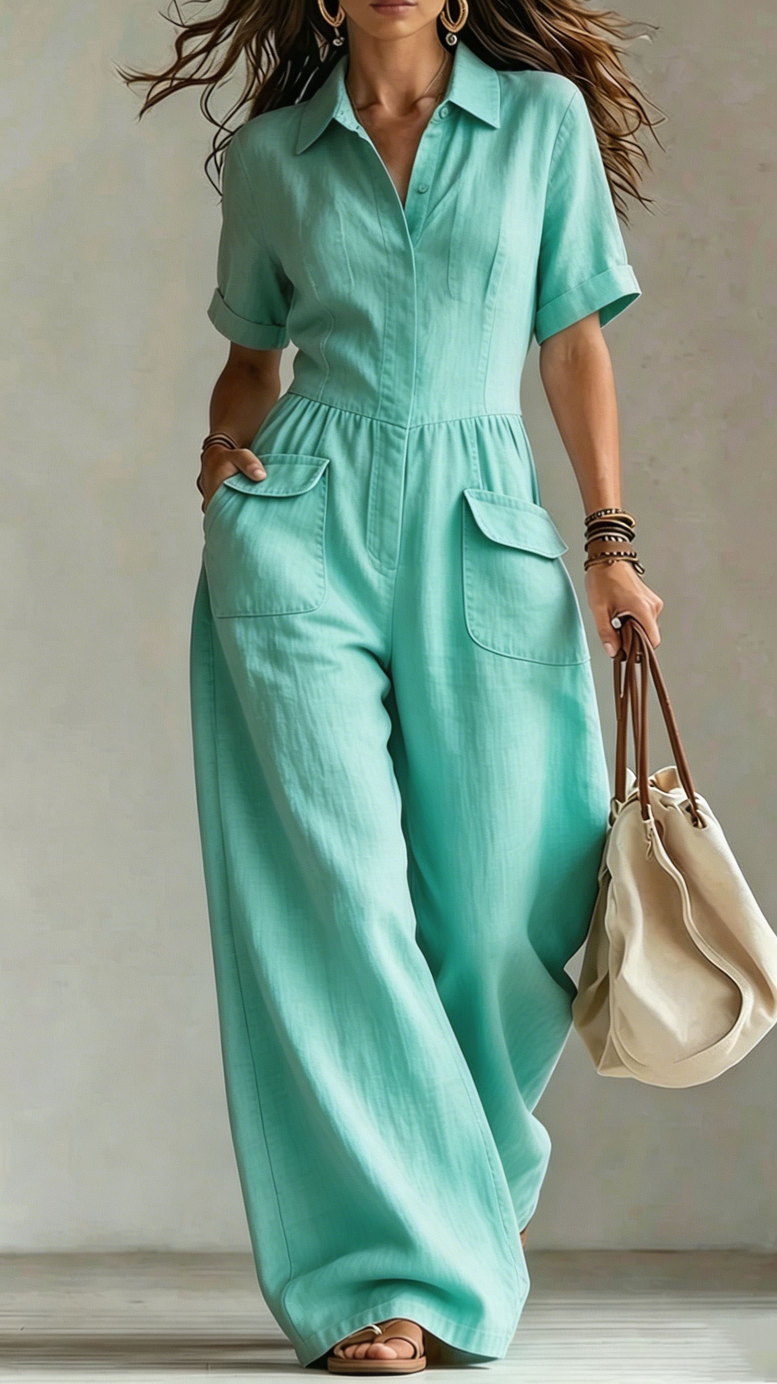 Women's cotton and linen loose sleeveless suspender jumpsuit