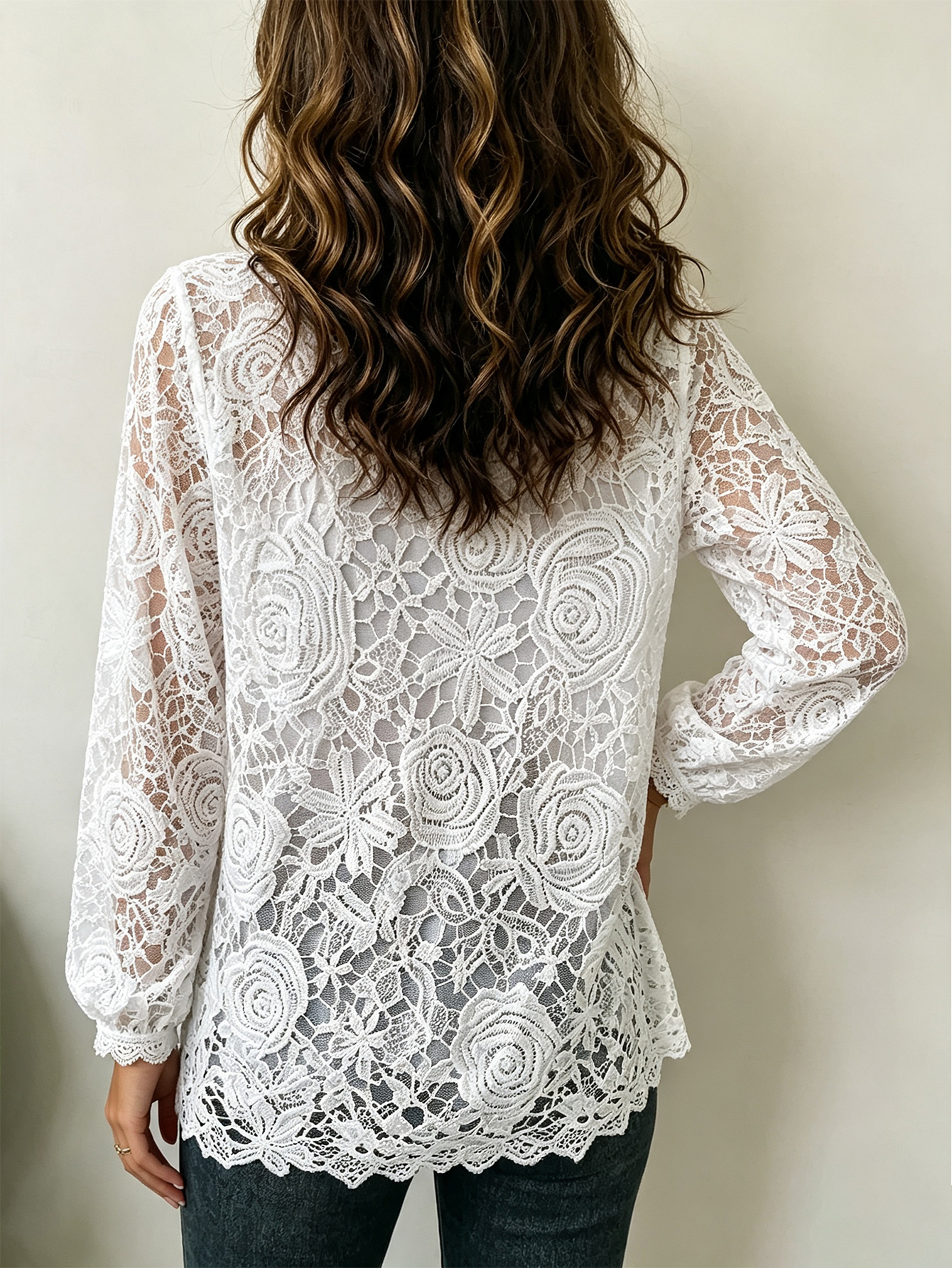 Women’s Floral Lace Long Sleeve Top, Round Neck Hollow Out Sheer Casual Blouse