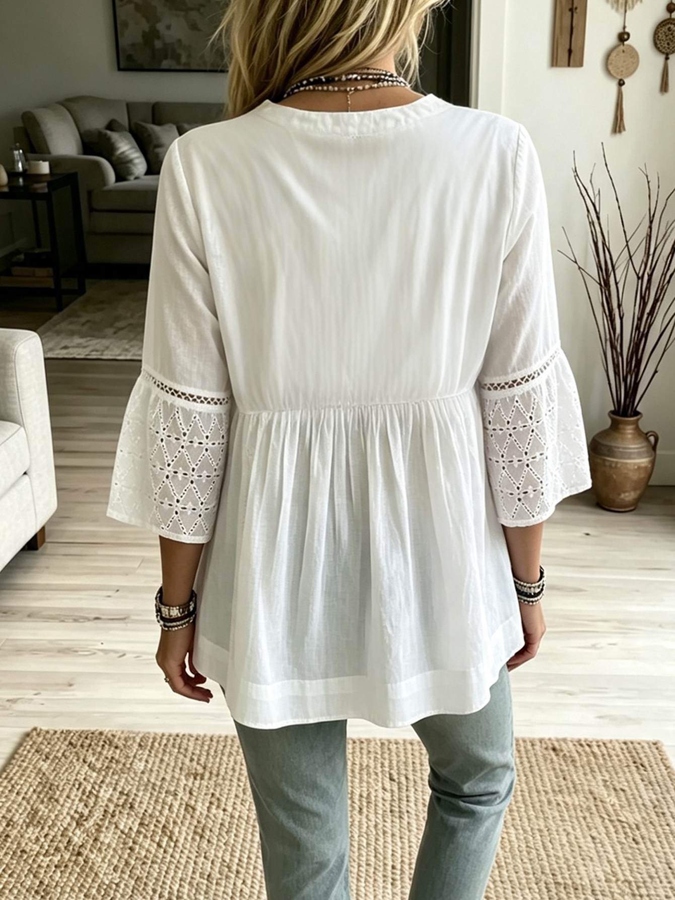 Women’s Lace Patchwork V Neck Blouse, Hollow Out Flare Sleeve Loose Fit Tunic Top