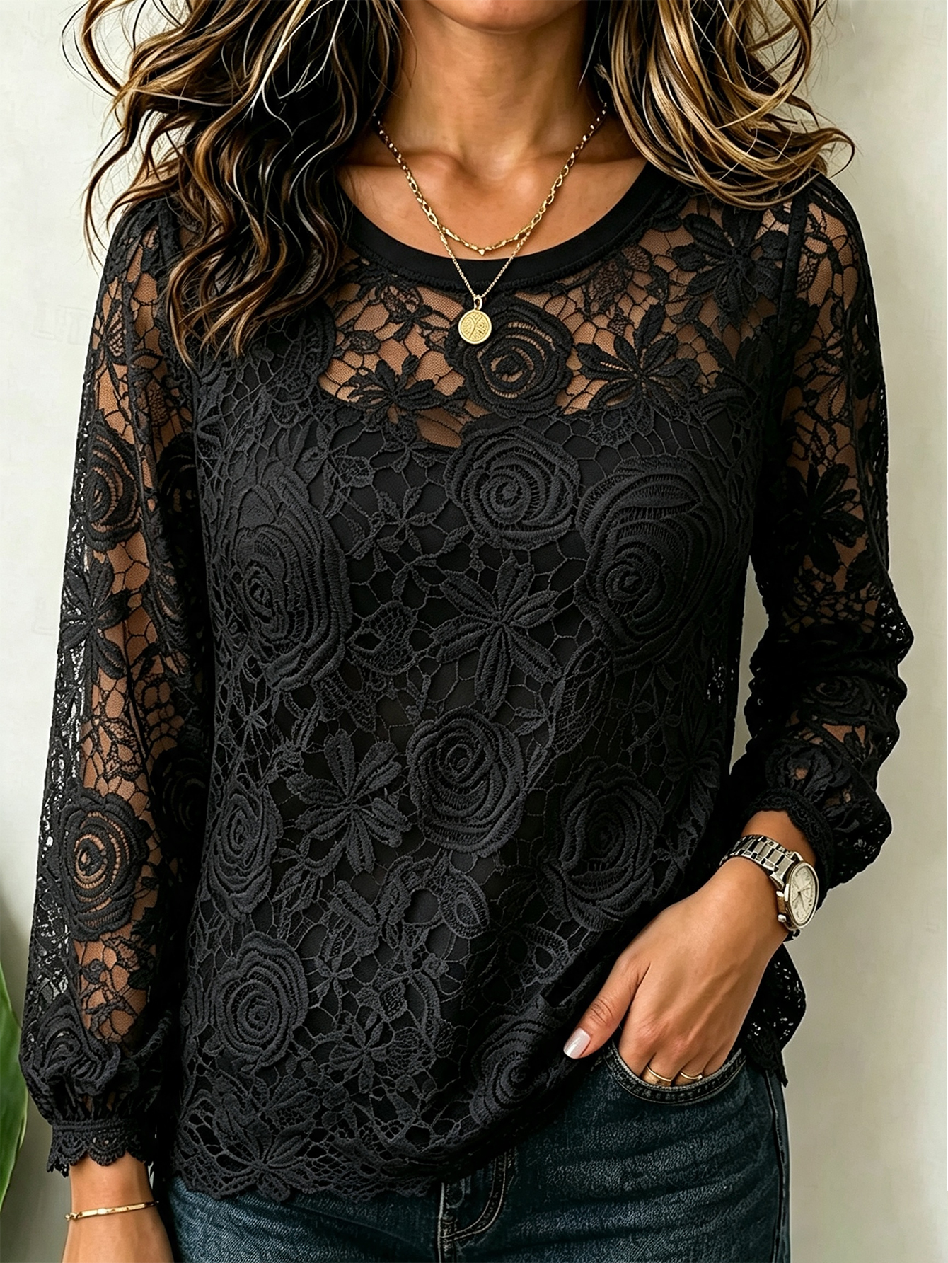 Women’s Floral Lace Long Sleeve Top, Round Neck Hollow Out Sheer Casual Blouse
