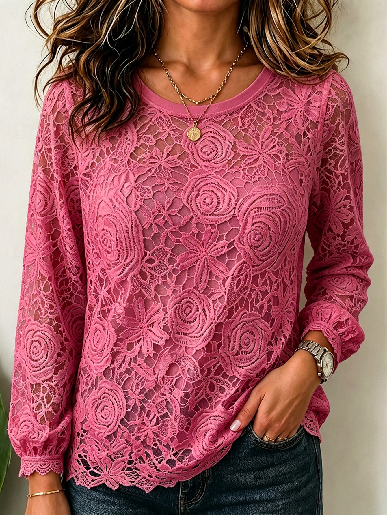 Women’s Floral Lace Long Sleeve Top, Round Neck Hollow Out Sheer Casual Blouse