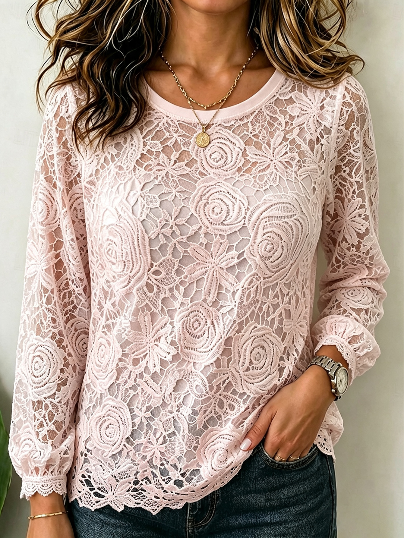 Women’s Floral Lace Long Sleeve Top, Round Neck Hollow Out Sheer Casual Blouse
