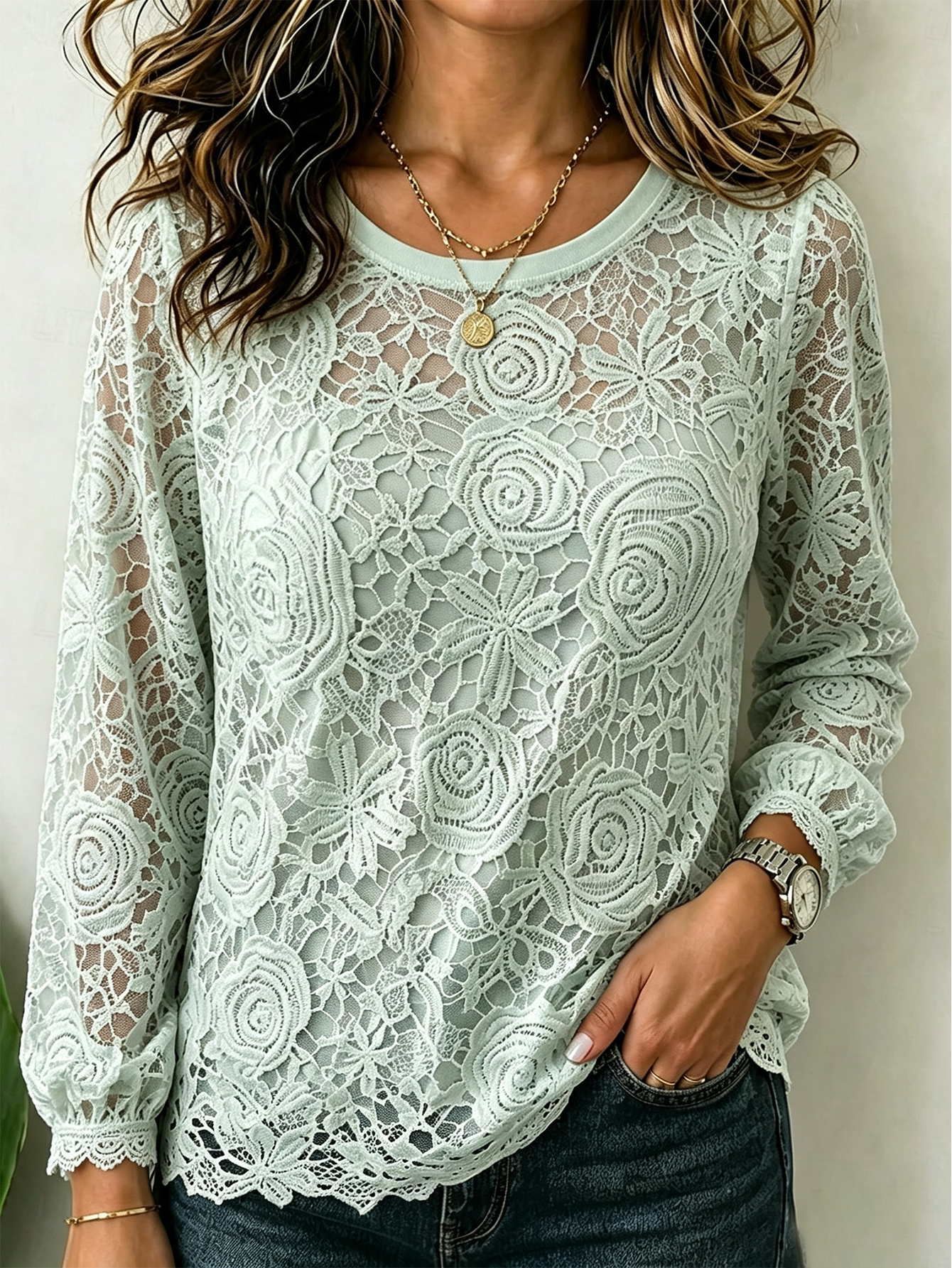 Women’s Floral Lace Long Sleeve Top, Round Neck Hollow Out Sheer Casual Blouse