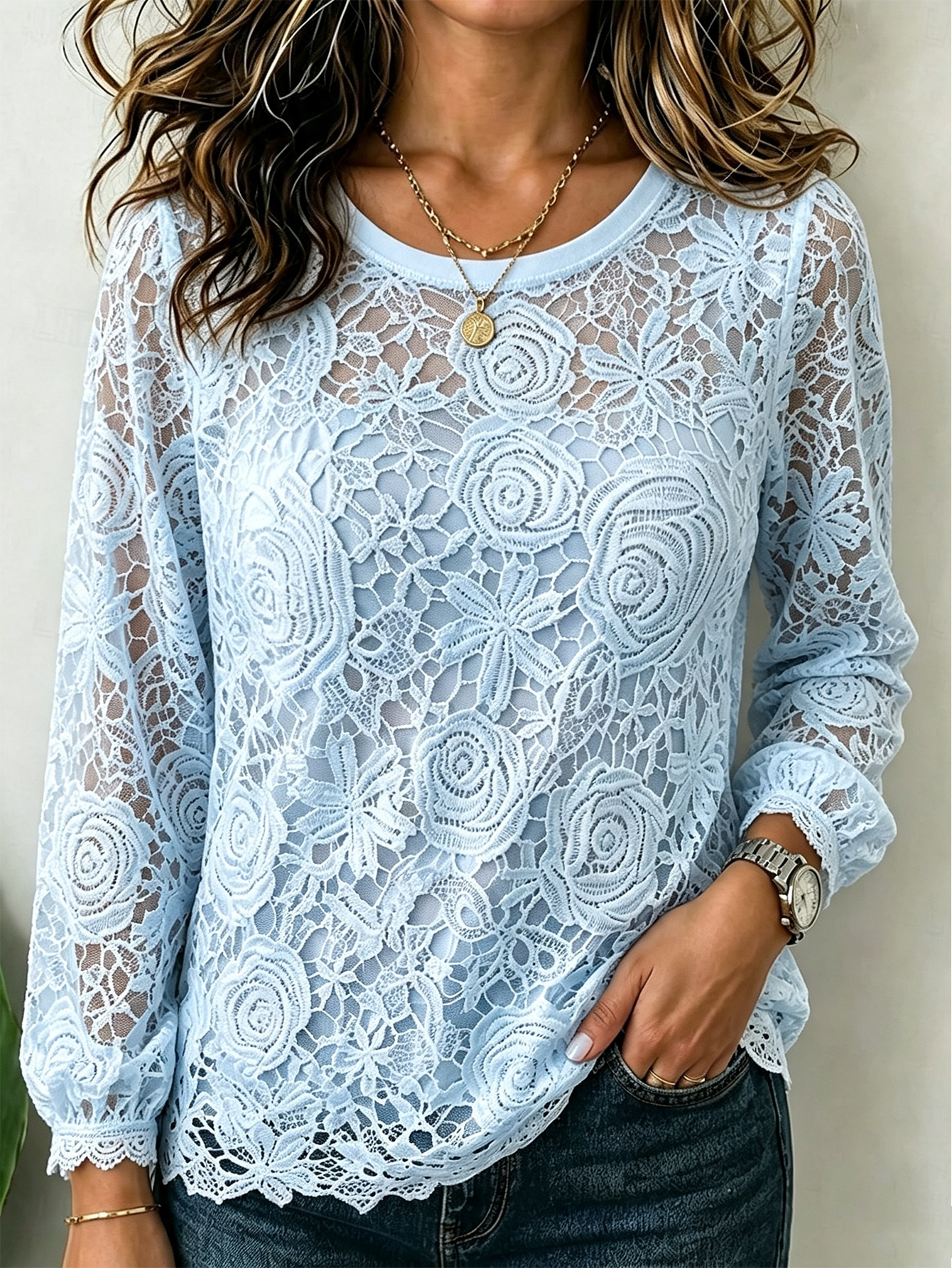 Women’s Floral Lace Long Sleeve Top, Round Neck Hollow Out Sheer Casual Blouse