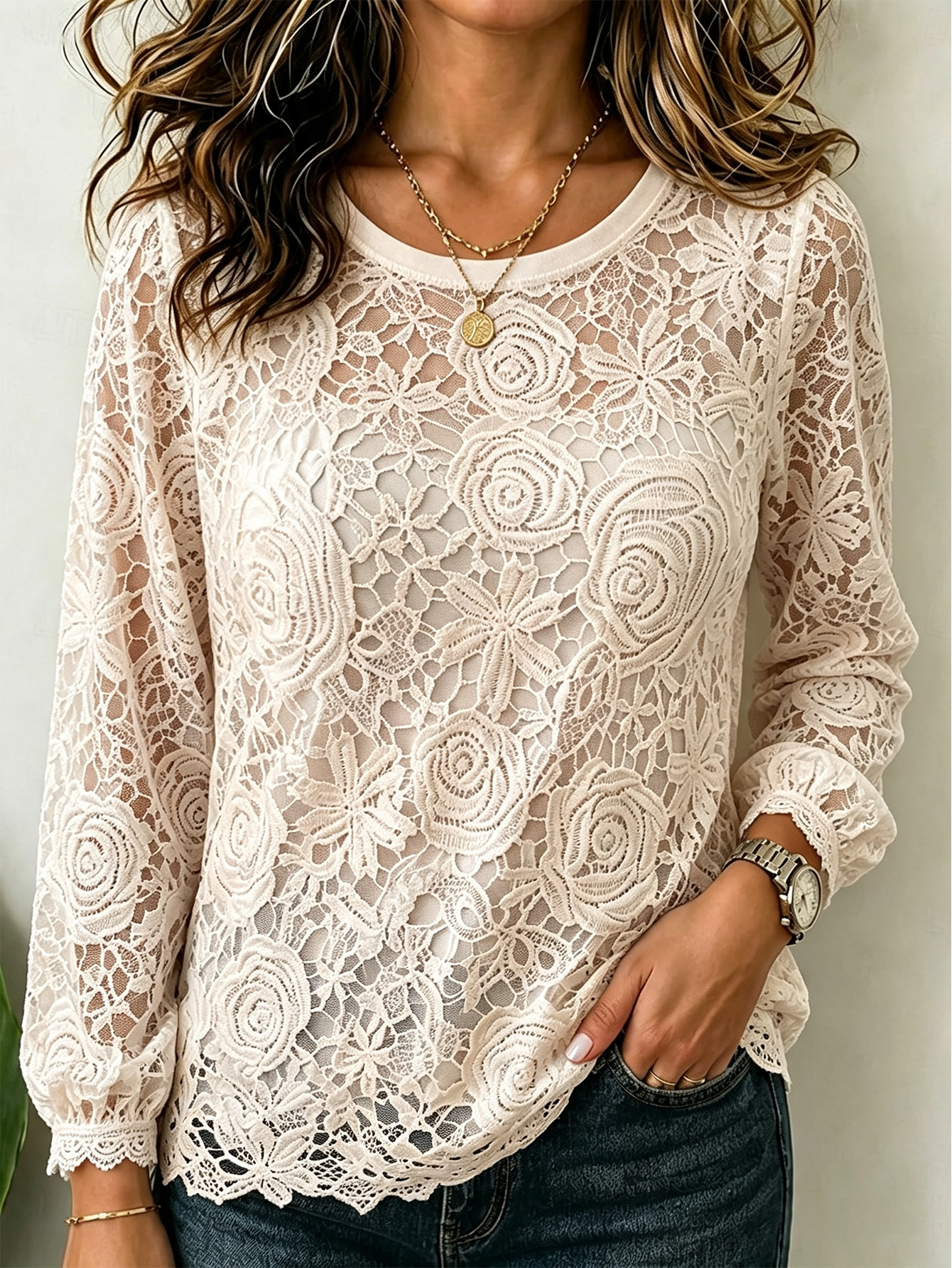 Women’s Floral Lace Long Sleeve Top, Round Neck Hollow Out Sheer Casual Blouse