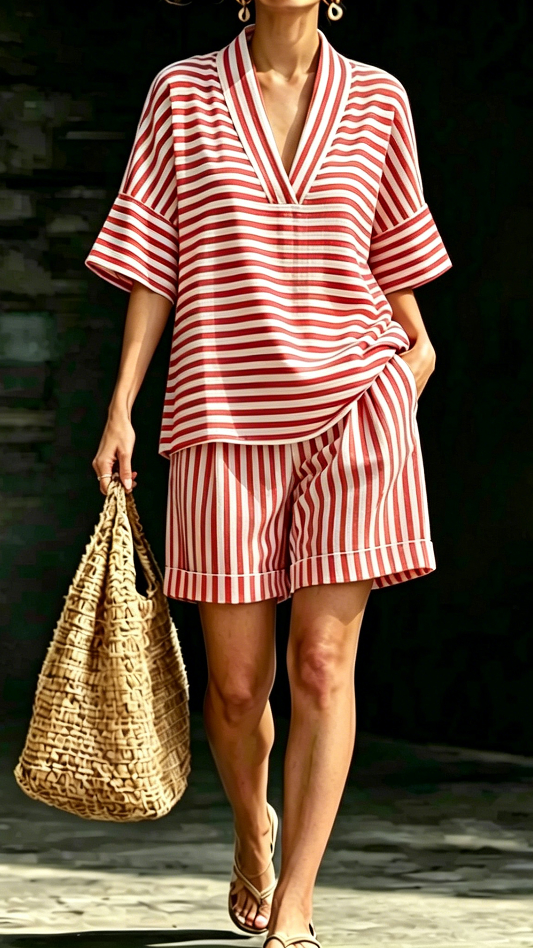 Women's Casual V-Neck Striped Loose-Fit Matching Set