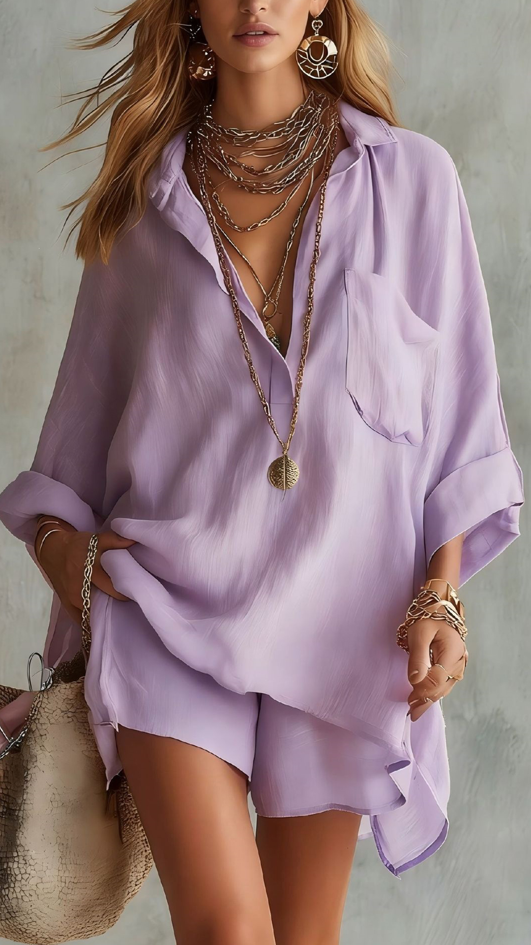Women's Cotton-Blend Loose Shirt & Shorts Set