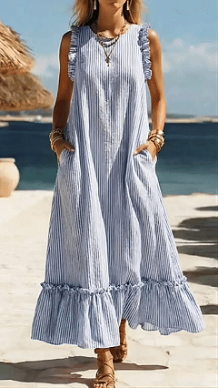Women's Cotton-Blend Striped Ruffled Sleeveless Maxi Dress