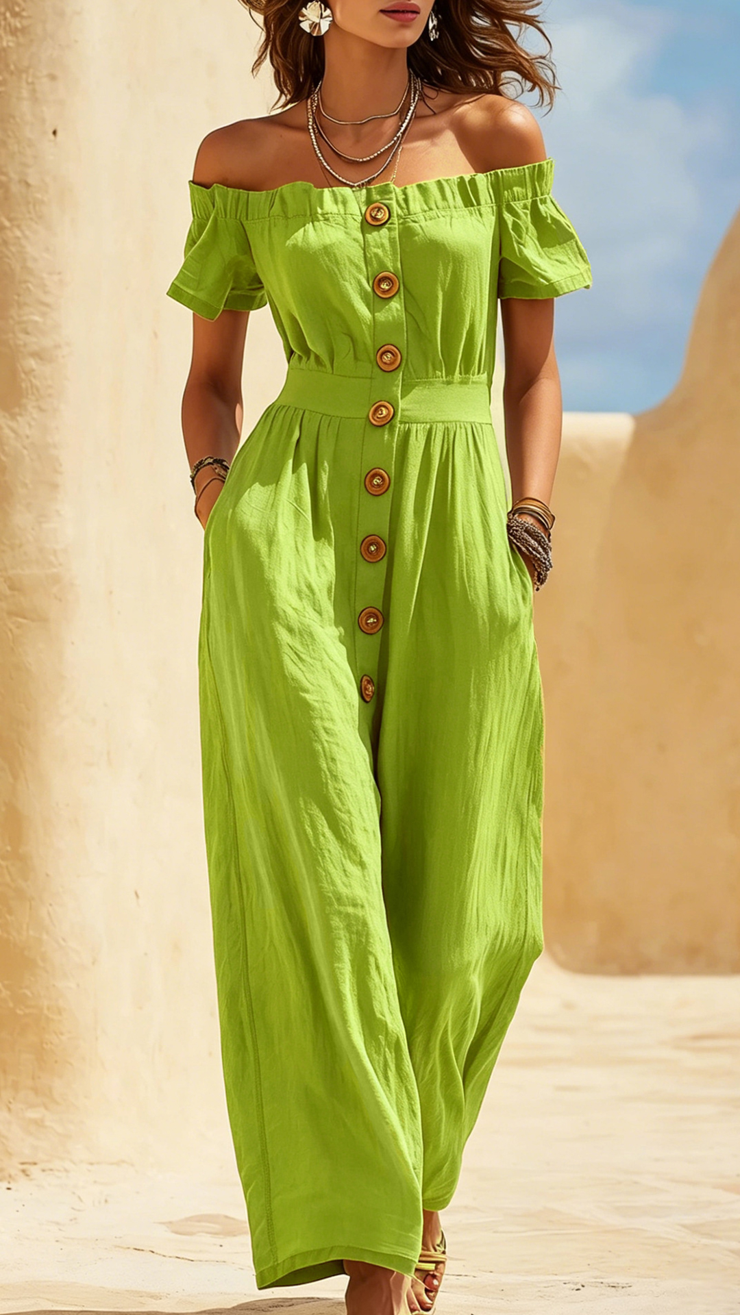 Women's Cotton‑blend Off‑the‑Shoulder Puff Sleeve Waist‑cinched Jumpsuit