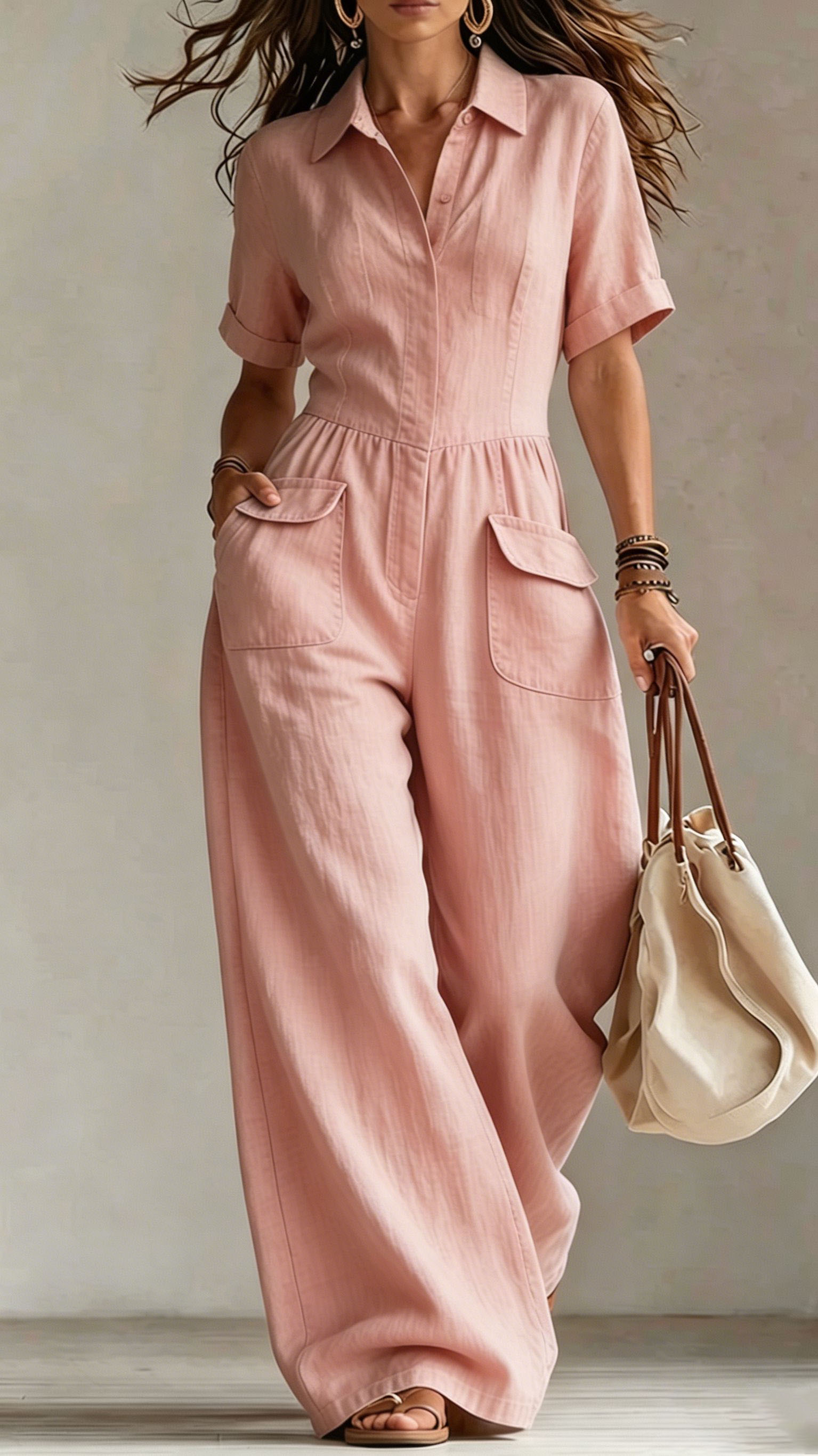 Women's cotton and linen loose sleeveless suspender jumpsuit