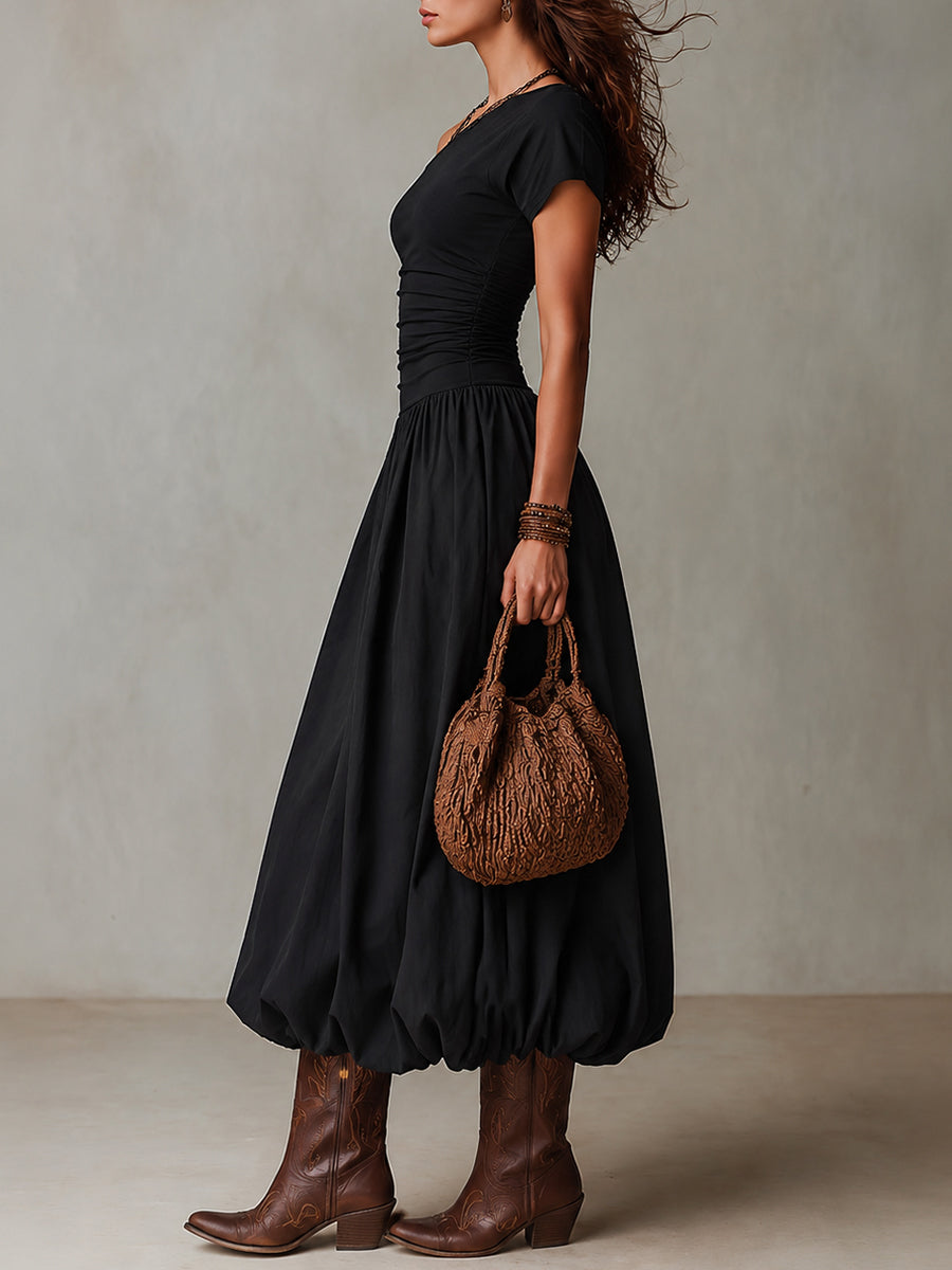 Vintage-style One-shoulder Balloon Hem Maxi Dress