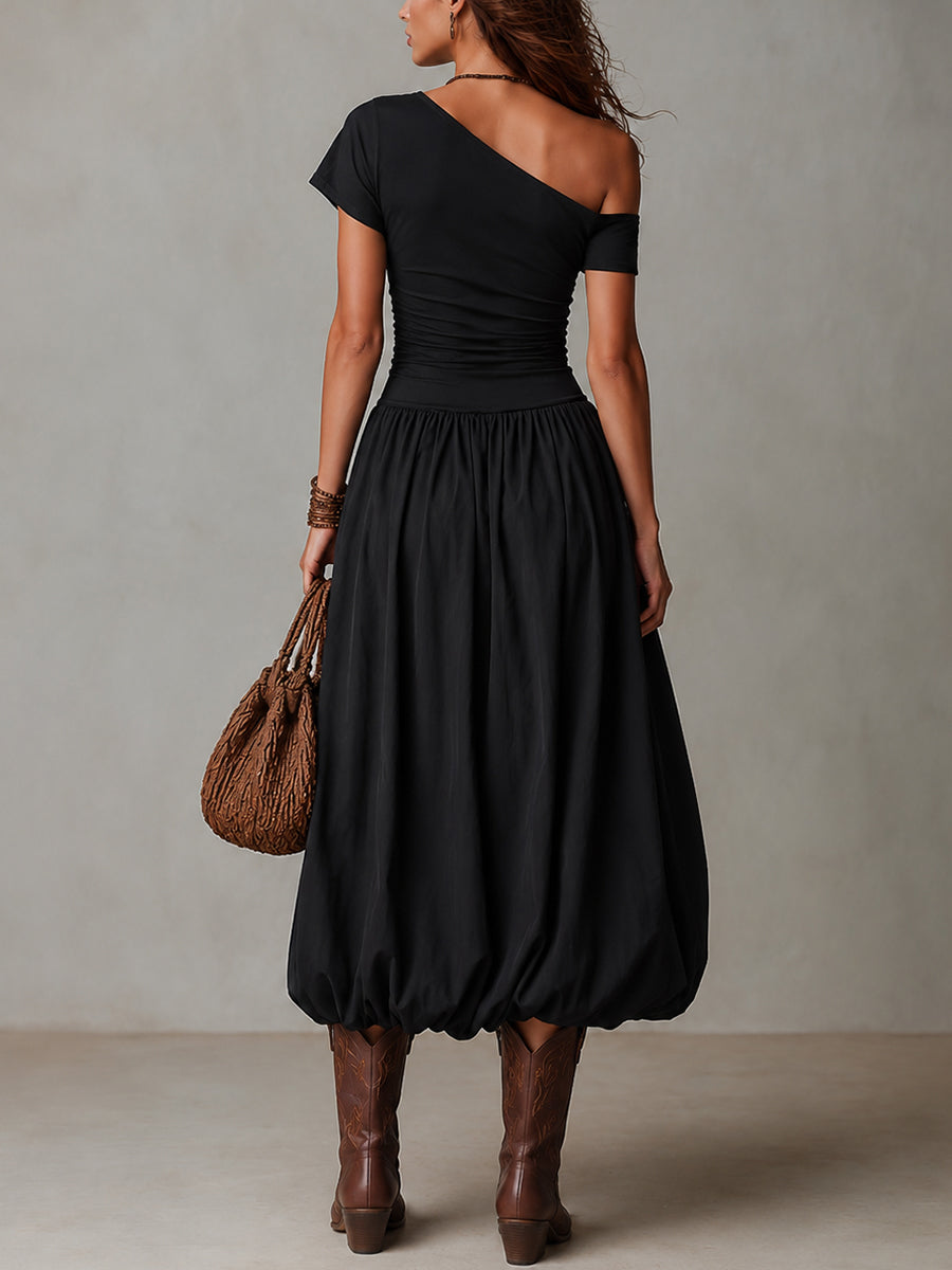 Vintage-style One-shoulder Balloon Hem Maxi Dress