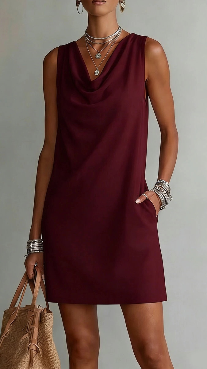 Women's Sleeveless Cotton Dress with Draped Neckline