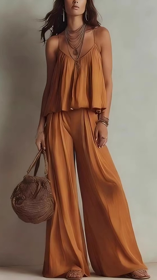 Solid-Color Spaghetti Strap Tank Top & High-Waisted Versatile Wide-Leg Casual Pants Two-Piece Set
