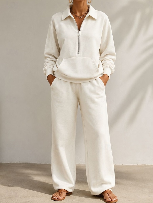 Women's Pants Sets Long Sleeve V Neck Plain Zipper Vacation Daily Casual Daily White Black Brown Spring Loose Fit