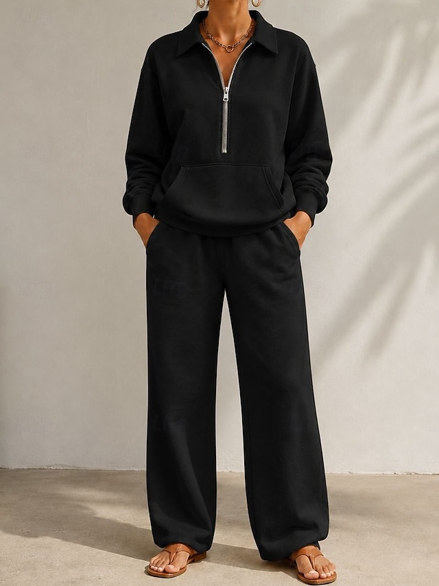 Women's Pants Sets Long Sleeve V Neck Plain Zipper Vacation Daily Casual Daily White Black Brown Spring Loose Fit