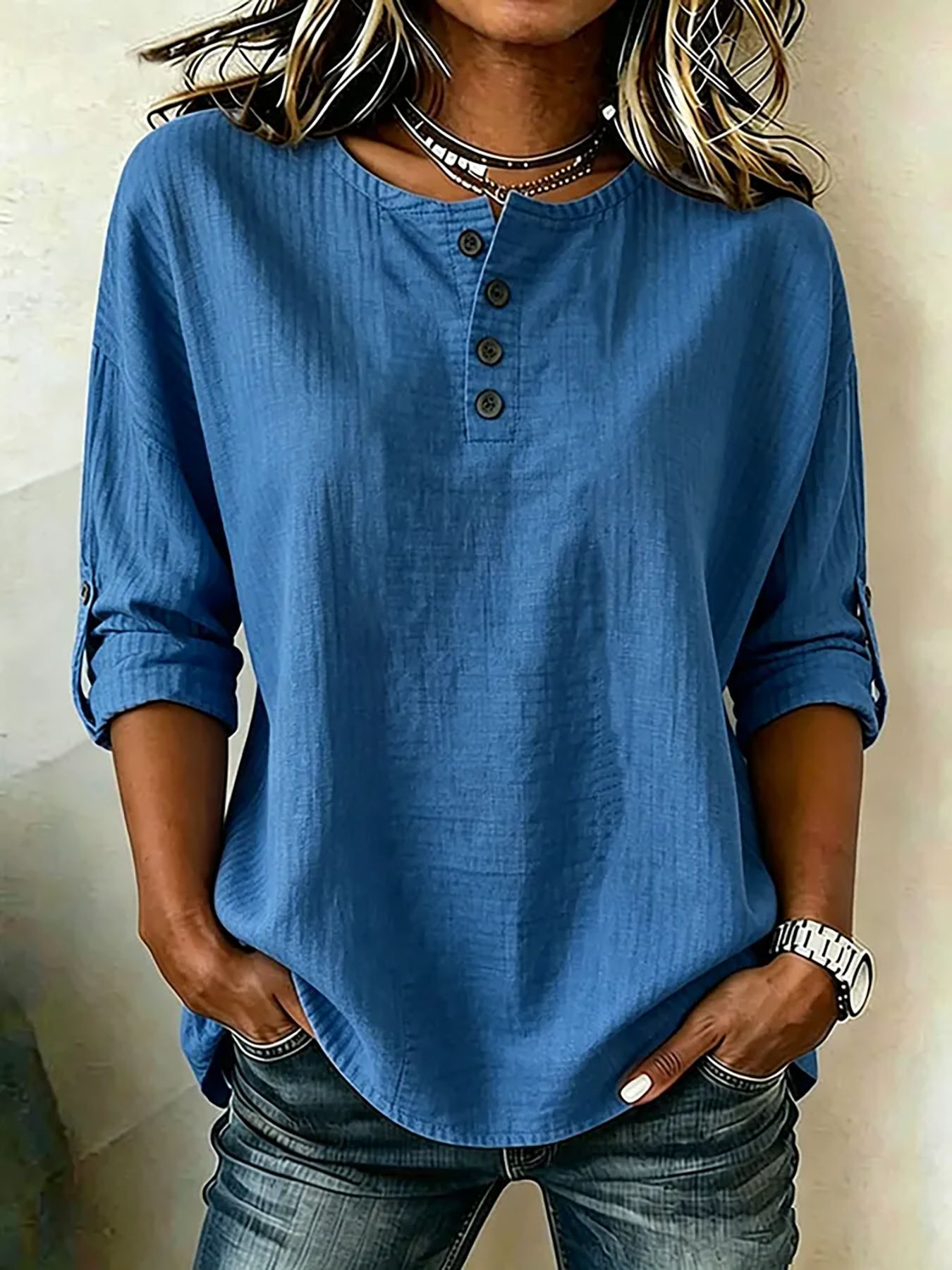 Henley Button Round Neck Cotton Linen Blouse