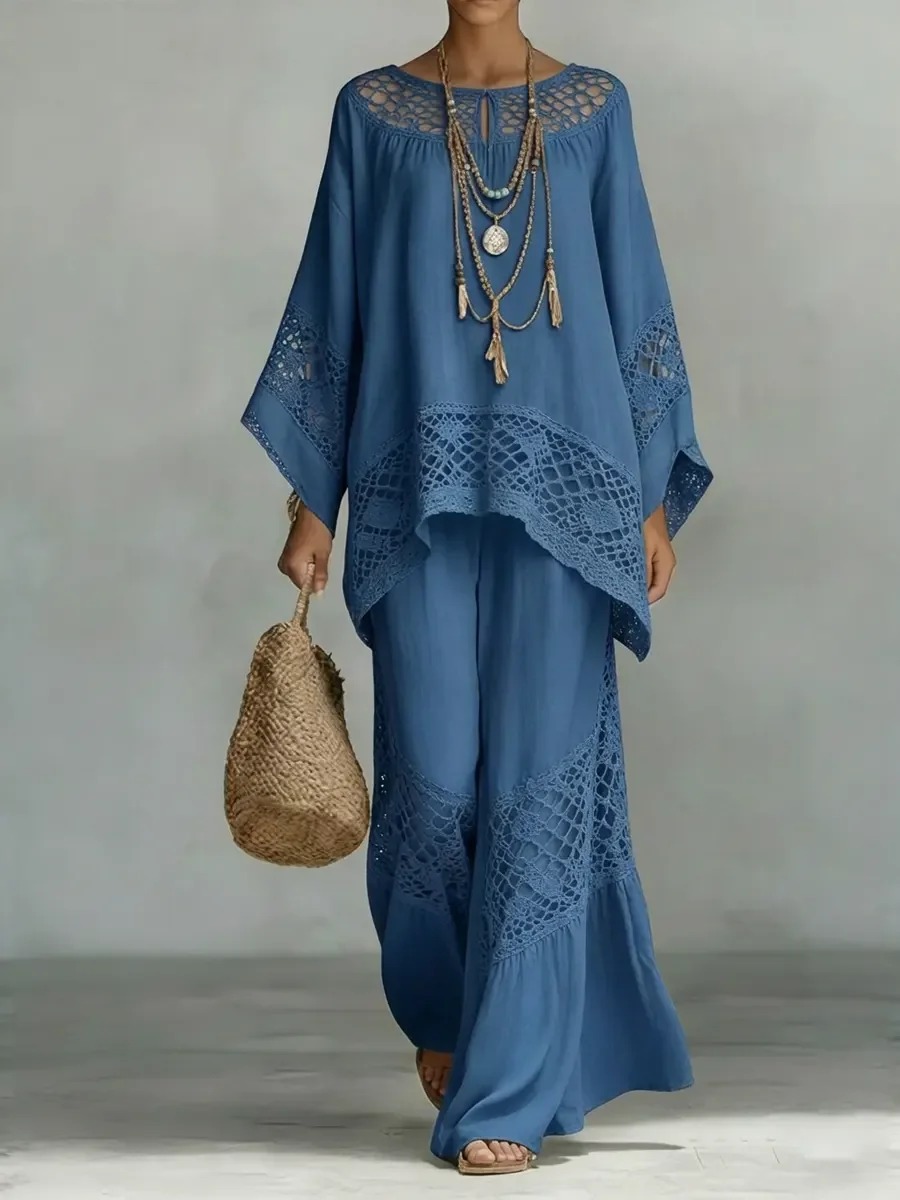 Boho Crochet Lace Batwing Sleeve Top & Wide Leg Pants 2 Piece Set
