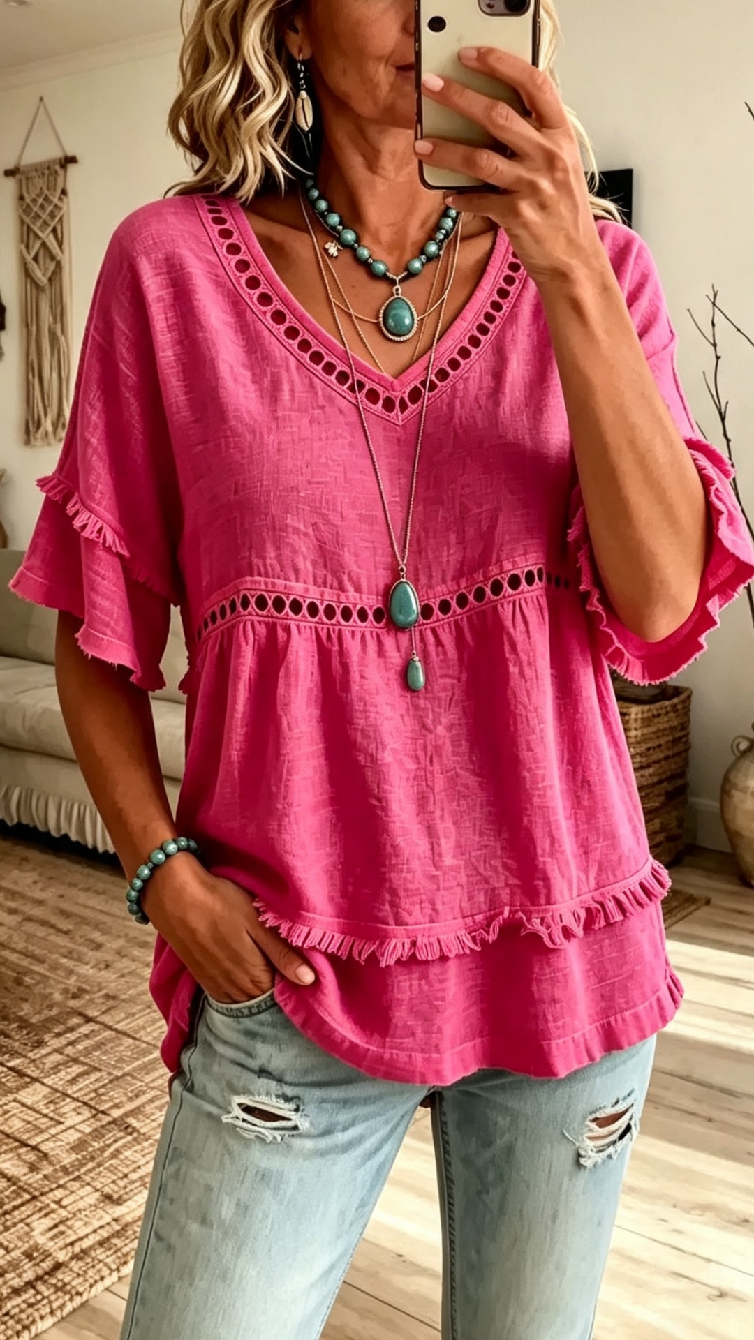 Eyelet Lace Trim Fringe Hem V-Neck Casual Top