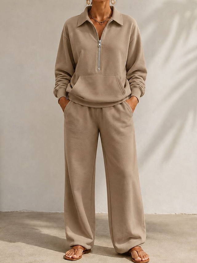 Women's Pants Sets Long Sleeve V Neck Plain Zipper Vacation Daily Casual Daily White Black Brown Spring Loose Fit