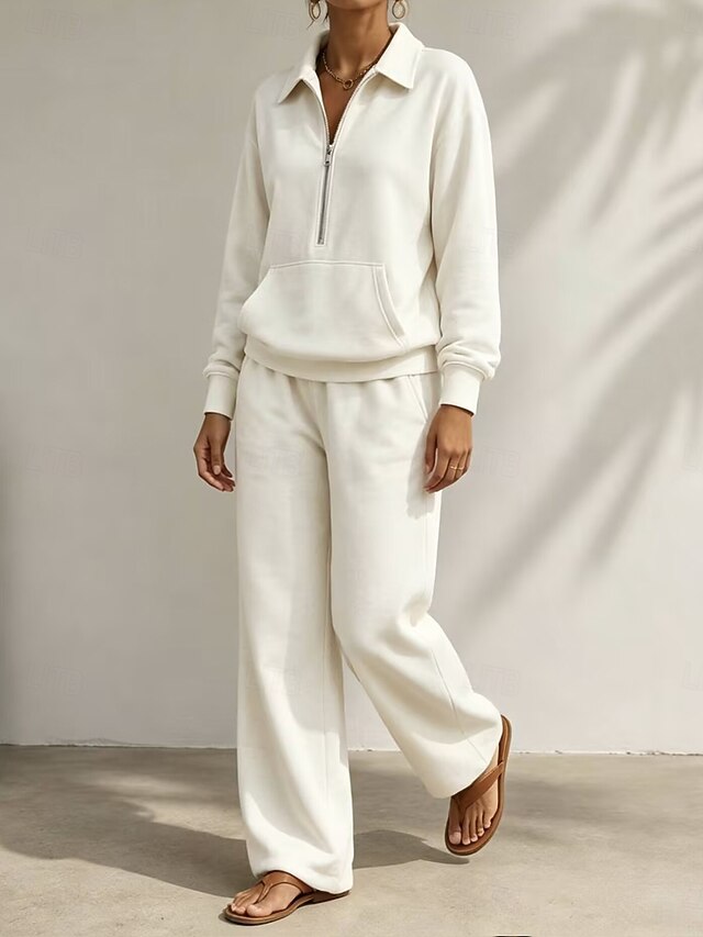 Women's Pants Sets Long Sleeve V Neck Plain Zipper Vacation Daily Casual Daily White Black Brown Spring Loose Fit