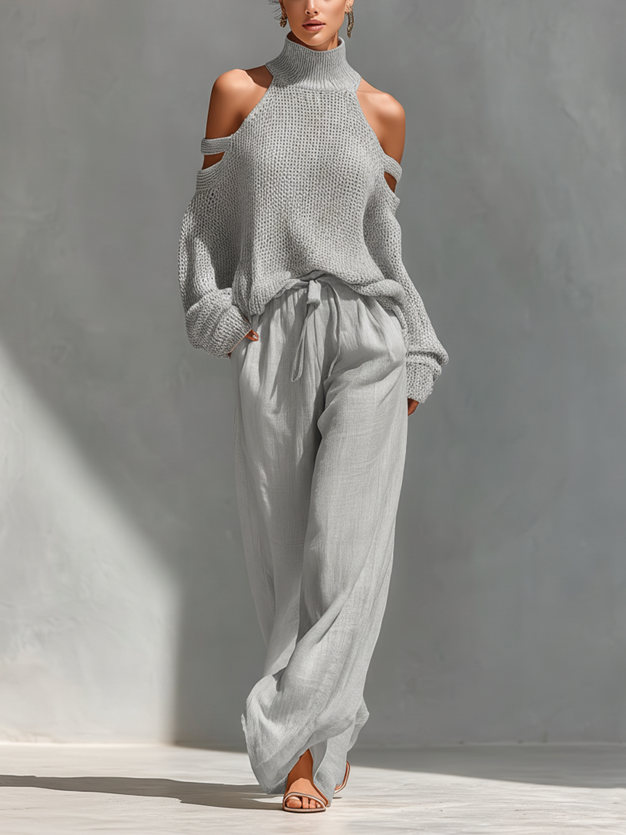 Women’s Beige Linen-Blend High-Waisted Pocketed Wide-Leg Pants
