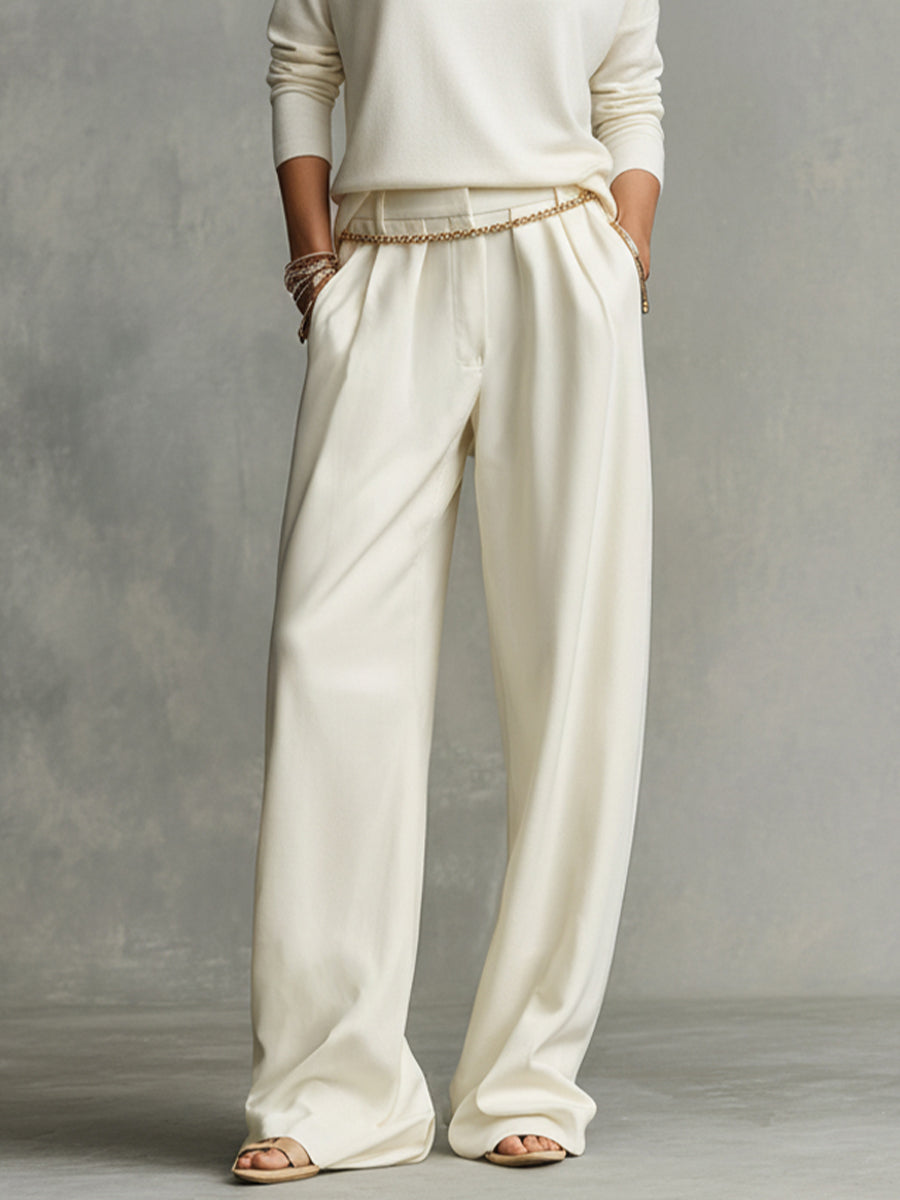 Women's Cream Tailored Wide-Leg Pants with Draped Silhouette & Belt Loops, Contemporary Effortless-Chic Style Pants