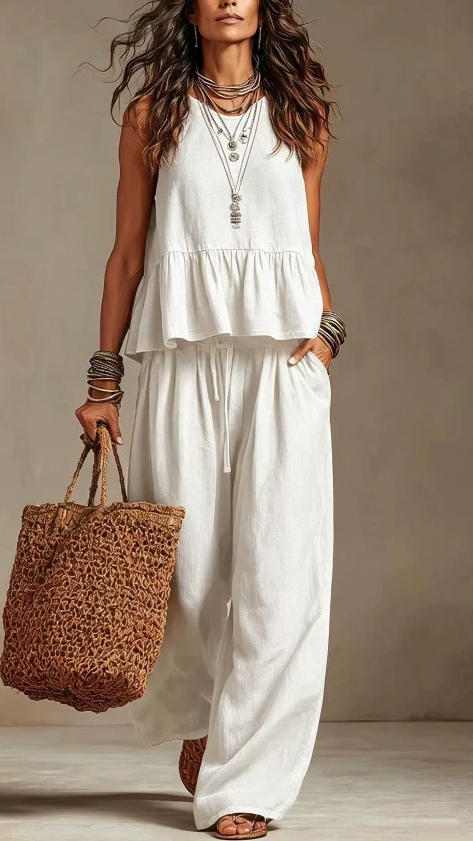 Women's Cotton-Linen Two-Piece Set: Ruffled Sleeveless Top & Wide-Leg Pants