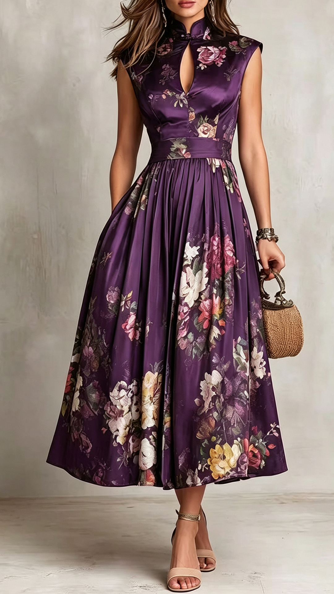 Vintage Floral Print Mock Neck Keyhole Waist-Tie Midi Dress