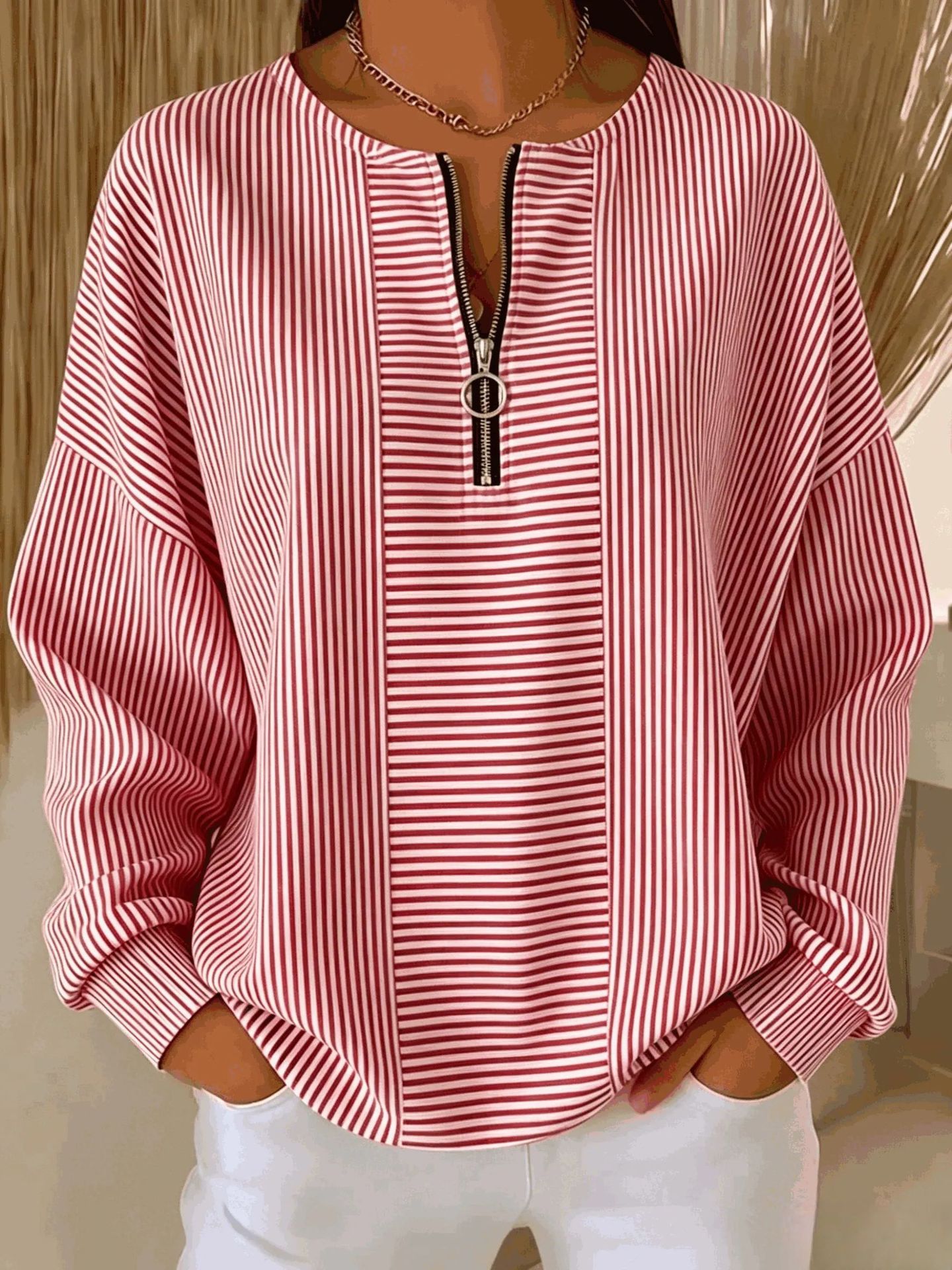 Striped Quarter Zip Crew Neck Long Sleeve Top
